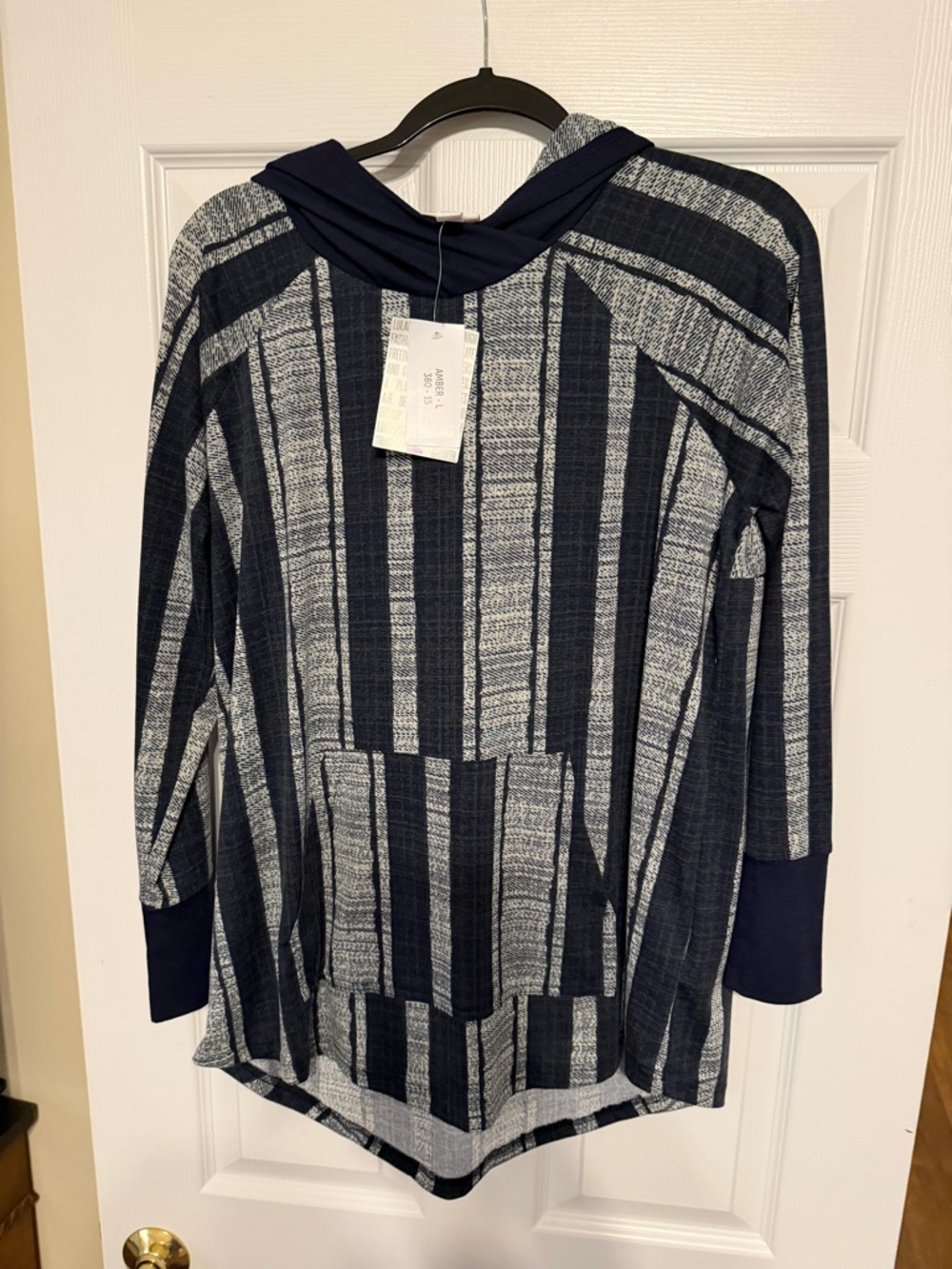 LuLaRoe Amber - Navy and White Striped Hooded Sweatshirt